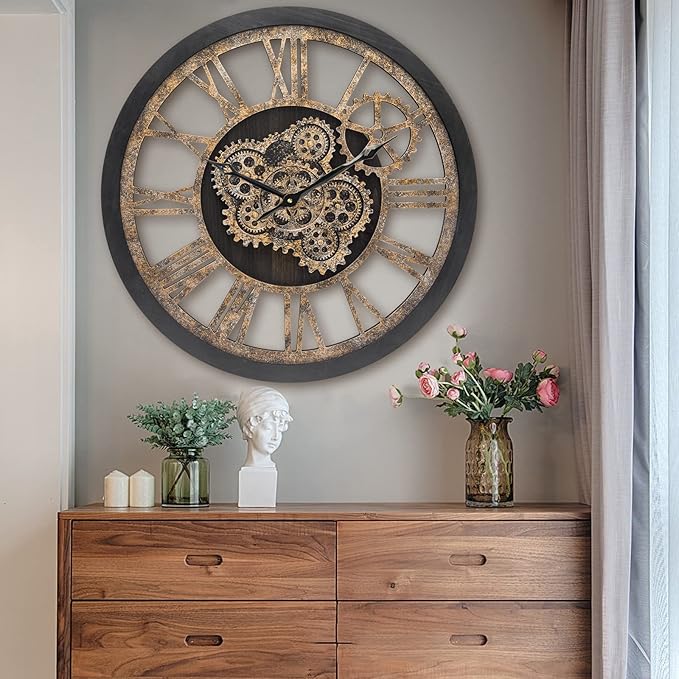 HOIBAI Large Wall Clock, Wall Clocks for Living Room Decor 20 Inch Farmhouse Vintage Rustic Kitchen Wall Decor Vintage Roman Oversized Wall Clock for Home Bedroom House Office, Moving Gears Clock-Ruum Studio Home