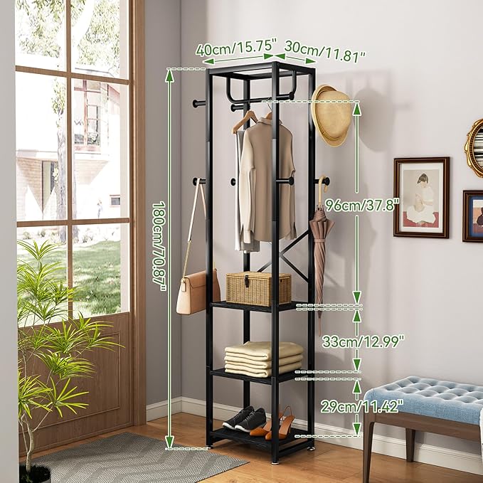 IBUYKE Coat Rack with Shelves, Freestanding Hall Tree with 3 Shelves and 8 Hooks, Industrial Clothes Stand for Entryway, Hallway, Bedroom, Black UTMJ088B-Ruum Studio Home