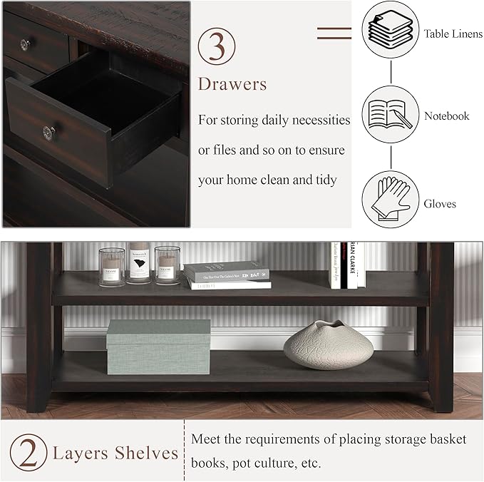 Farmhouse Wood Entryway Console Table 48-Inch Modern Sofa Entry Table with Drawers and Storage Shelves for Entrance Living Room (Black)-Ruum Studio Home