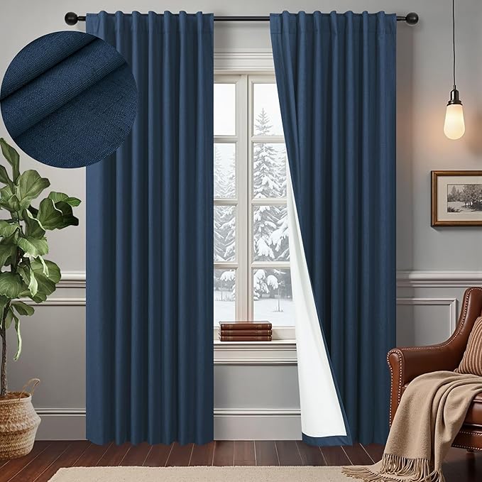 Navy Blackout Curtains 72 Inches Long for Bedroom Navy Blue Room Darkening Thermal Insulating Window Black Out Linen Nautical Curtains for Living Room Nursery 52x72 Inch Length 2 Panel Back Tab Pocket-Ruum Studio Home