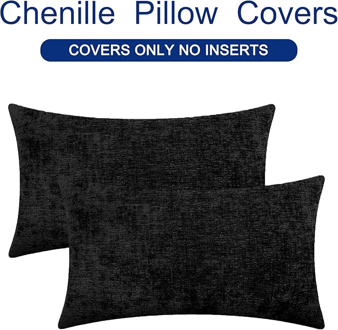 CaliTime Throw Pillow Covers Decorative 16 X 26 Inches Pack of 2 Cozy Chenille Cushion Cases for Couch Sofa Bed Living Room Home Black-Ruum Studio Home