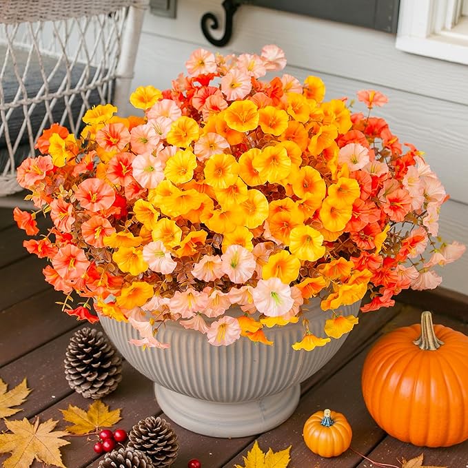 Artificial Mums for Outdoors Fake Fall Flowers Plants for Autumn Decoration, 12 Bundles Silk Morning Glory with Eucalyptus Look Real UV Resistant Faux Mums for Outside Planters Yard Patio Porch, Mix-Ruum Studio Home