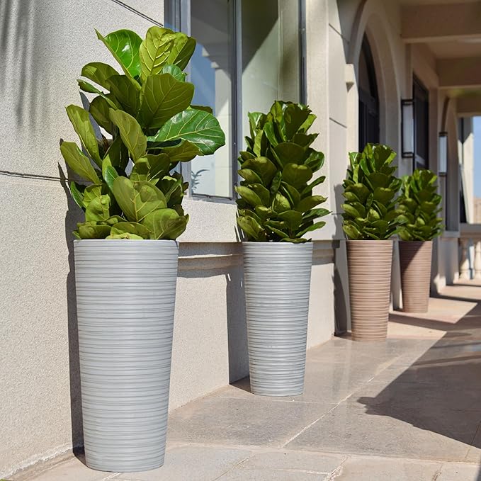 GreenShip 27" Tall Planters, Set of 2 – Black Outdoor Planter for Front Porch & Tall Plants, Weather-Resistant, with Drainage Hole & Rubber Plug (No Plants Included) (Light Gray)-Ruum Studio Home
