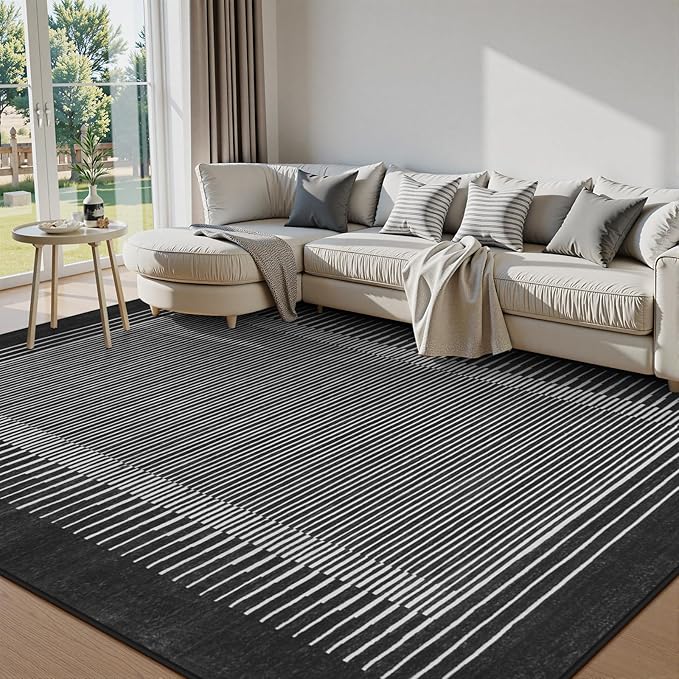 Wonnitar Striped Black Area Rugs 9x12 Living Room, Non-Slip Soft Berber Stripe Bedroom Rug, Low Pile Minimalist Floor Carpet for Dining Room Living Room Department (Black,9' x 12')-Ruum Studio Home