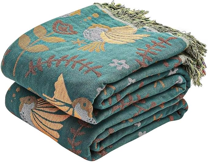 Boho Throw Blanket, 100% Cotton Ultra Soft Luxury Throw Rustic Quilt, 90"x98" Floral Printed Farmhouse Decor Bed Summer Blankets, All Season Rustic Reversible Bohemian Throw for Bed - Blue-Ruum Studio Home