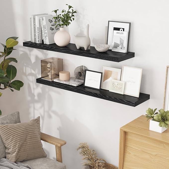 Fun Memories Floating Shelves 48 Inch Set of 2, Black 48 x 9 Wall Shelves for Home Decor Storage, Rustic Wood Floating Shelf for Wall, 9 Inch Deep Shelving for Bathroom, Living Room, Kitchen-Ruum Studio Home