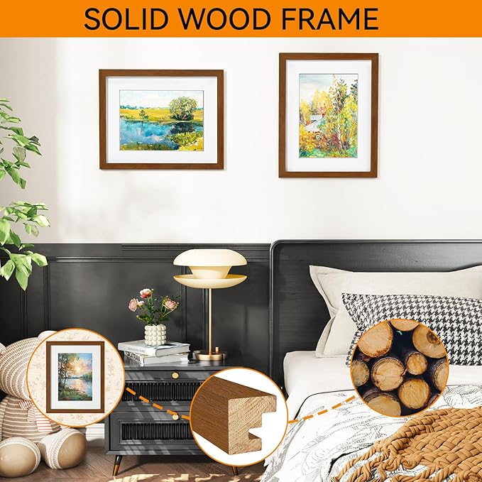 IBUYKE 11 x14 Picture Frame,Solid Oak Wood 11x14 Photo Frame with Mat to 8x10,11x14 Picture Frames With Tempered Glass,Wall Mount Display,Home Decor,Walnut Oak 14 x 11 Frame,UWPF1114H-Ruum Studio Home