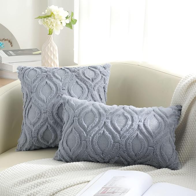 decorUhome Fall Throw Pillow Covers 12x20 Inch Set of 2, Soft Plush Decorative Faux Fur Blue Grey Solid Couch Pillow Covers, Accent Farmhouse Neutral Lumbar Euro Pillow Cases for Sofa Bed Living Room-Ruum Studio Home