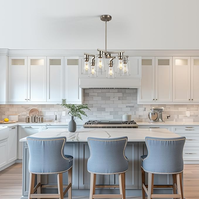 6-Light Farmhouse Brushed Nickel Chandelier,Modern Chandeliers for Dining Room Light Fixture Over Table,Adjustable Hanging Industrial Rustic Pendant Lights Kitchen Island Light with Clear Glass Shade-Ruum Studio Home