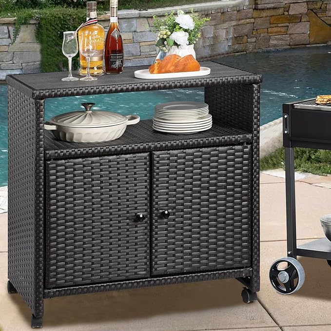 Outdoor Wicker Storage Cabinet - Patio Bar Table with Wheel,Outdoor Buffet Cabinet Movable,Garden Weather-Proof Bar Table/Cart for Indoor&Outdoor (Dark Brown)-Ruum Studio Home