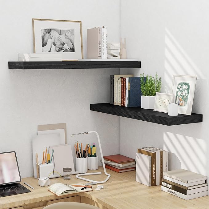Fun Memories Floating Shelves for Wall 36 Inches, Wood Shelves with Invisible Bracket, 10" Deep Shelves Wall Mounted, Large Wood Floating Shelves for Living Room Bathroom, Black, Set of 2-Ruum Studio Home