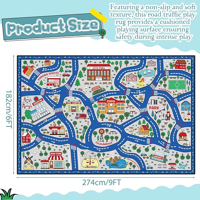 Kids Carpet Playmat Rug Player Car Rug,City Life Traffic Road Map Mat Educational Game Area Rug for Toddler Children Playroom Classroom Bedroom (Blue,6 x 9 ft)-Ruum Studio Home
