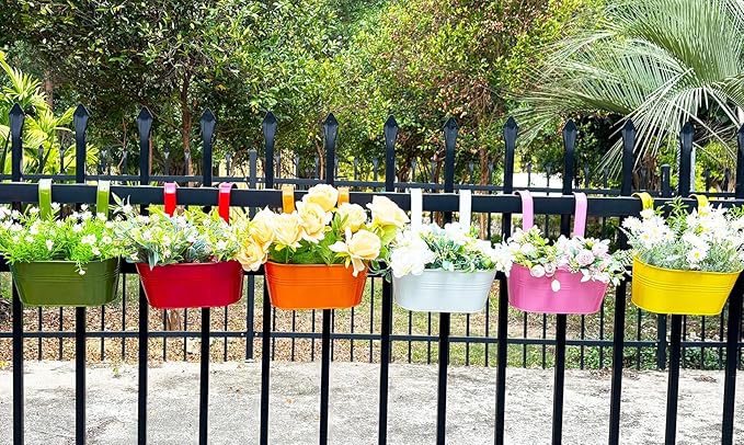 6 Pcs Railing Planter, 10" Metal Hanging Flower Pots for Outdoor Balcony Rails, Fence Pot Hanging Plant Holders with Detachable Hooks for Garden Patio Yard Decor (Multi-Color, 6Pcs)-Ruum Studio Home