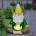 Exhart Solar Light-Up Meditating Gnome Statue w/LED Frog, Durable Resin Garden Décor, 8”x6.5”x10.5”-Ruum Studio Home