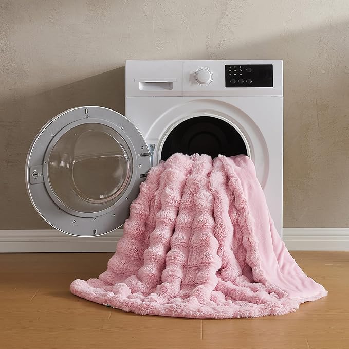 JELLYMONI Faux Fur Throw Blanket, Pink Fuzzy Cozy Plush Bubble Bed Blanket, Thick and Warm King Size (108" x 90")-Ruum Studio Home