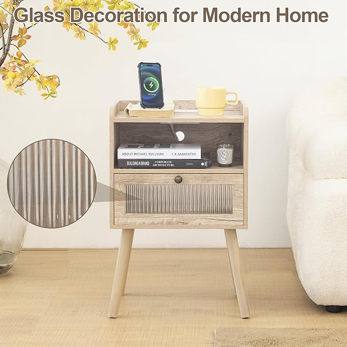 AWASEN Nightstand with Charging Station, Modern Bedside Table with Glass Decorative Drawer, Charging Night Stand Side Tables for Bedroom and Small Space, Rustic White Oak-Ruum Studio Home