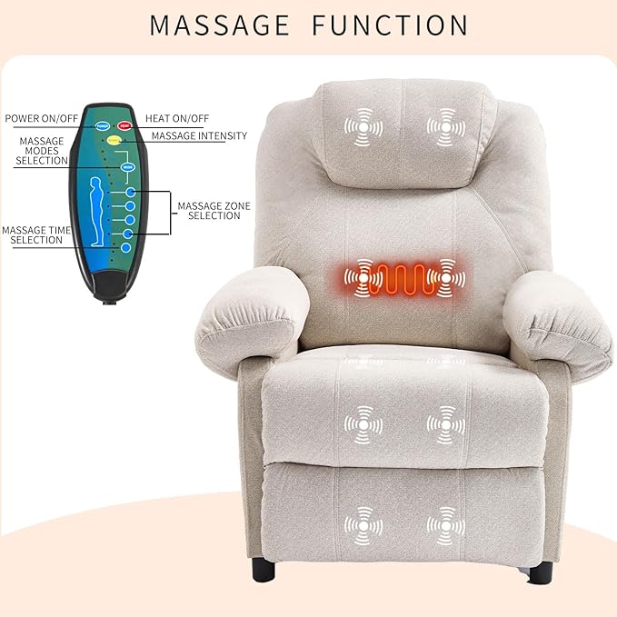 KCREAM Massage Chair Recliner with Heating,Recliner Chair for Adults,Small Recliners for Small Spaces Overstuffed Reclining Chairs Single Sofa Recliners with Side Pocket for Living Room,Fabric Beige-Ruum Studio Home