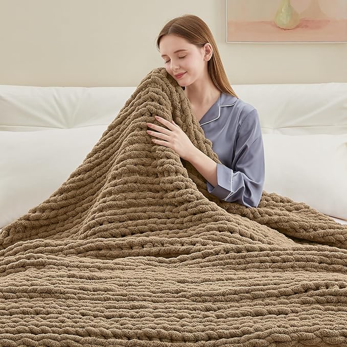 Chunky Knit Throw Blanket, 60''*80'' Knitted Throw Chenille Yarn for Bed Couch, Handmade Light Brown Crochet Big Thick Blanket, Machine Washable Cute Comfy Blanket for Home Decor-Ruum Studio Home