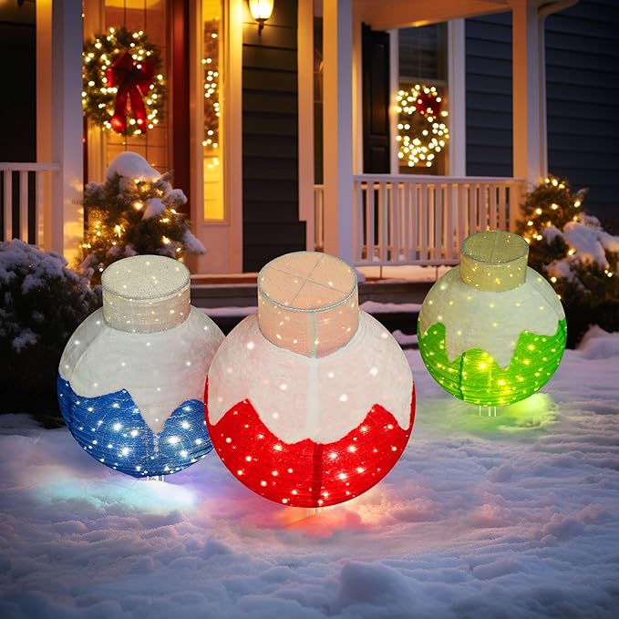 36 Inch Pop-Up Christmas Ball with 90 LED Lights for Outdoor Xmas Decor, 3-Piece Pre-Lit Iridescent Christmas Ball Ornaments Decor with Base, Outdoor 3D Glittered Standing Holiday Display-Ruum Studio Home