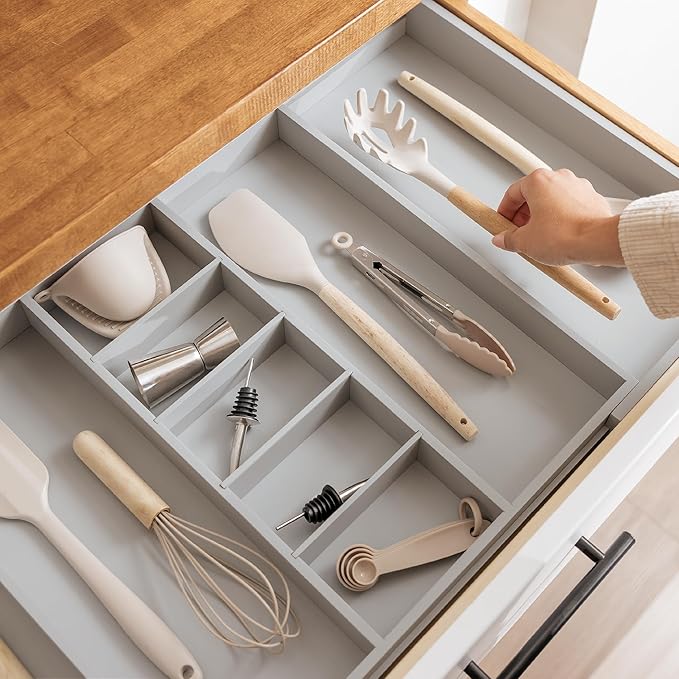 Adjustable Kitchen Drawer Organizer for Utensils and Junk, Food-Safe Contract Grade with 100% Sustainable Wood, Expandable from 19 to 33 Inches Wide - Gray Bamboo-Ruum Studio Home