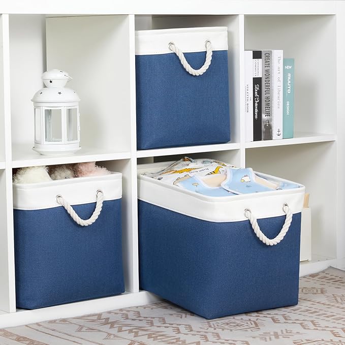 Bidtakay Large Storage Baskets for Shelves 3 Pack Fabric Storage Bins for Organizing Navy Blue Decorative Baskets Linen Collapsible Organizer for Closet-Ruum Studio Home