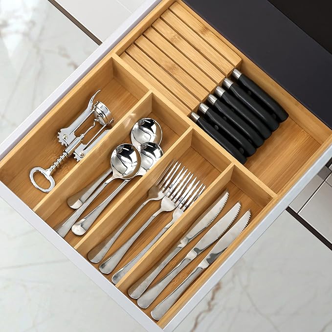 VaeFae Bamboo Silverware Organizer (Non-expandable), Utensil Holder for Drawer, Wooden Cutlery Tray with Divider for Kitchen Drawer, Utensil Organizer with Knife Block-Ruum Studio Home