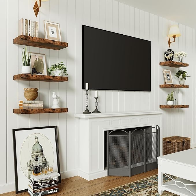 Floating Shelves for Wall, 16 inchs x 6.7” deep x 1.4” Bathroom Shelf Bedroom, Living Room, Kitchen, Farmhouse Decor, Rustic Wood Wall Shelves with Invisible Brackets - Set of 2, Rustic Brown-Ruum Studio Home