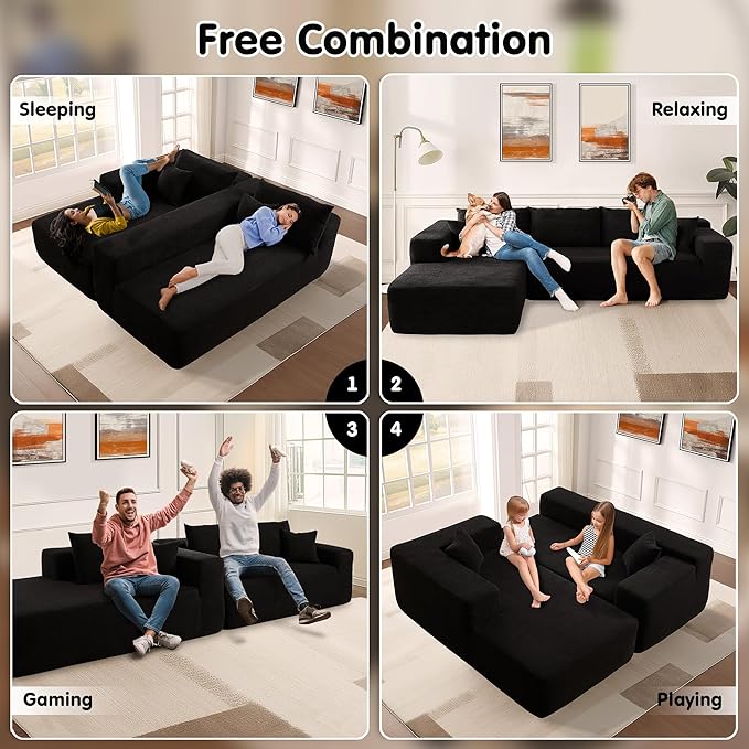 ovios 104" Cloud Sectional Couch with L-Shape Chaise,Modern Modular Sofa with Deep Seat, Upholstered Couches for Living Room Bedroom,No Assembly Required, Black (Corduroy Fabric)-Ruum Studio Home