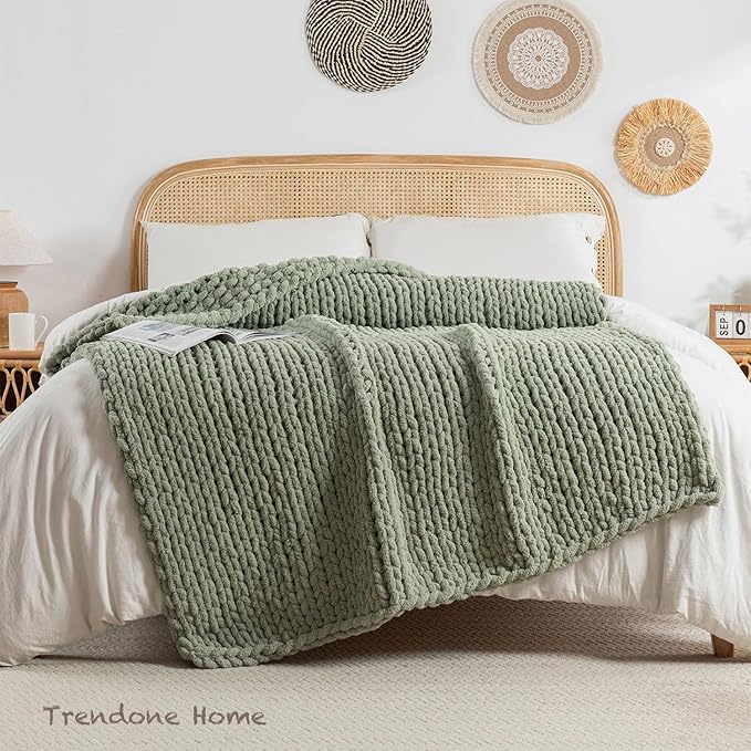Chunky Knit Blanket Throw, 100% Hand Knit Throw Blanket Handmade Chenille Cable Knit Throw for Couch, Stylish Cozy Soft Rope Knot Crochet Blanket for Home Decor, Sage Green, 60x80 Inches-Ruum Studio Home