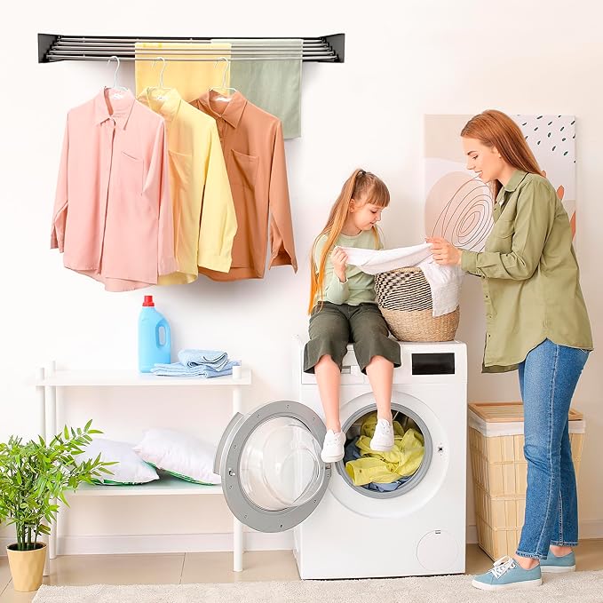 Wall Mounted Laundry Drying Rack, Retractable Clothes Drying Rack for Bathroom with Wall Template, 5 Stainless Rods Heaving 60 lb Capacity (Black, 40")-Ruum Studio Home