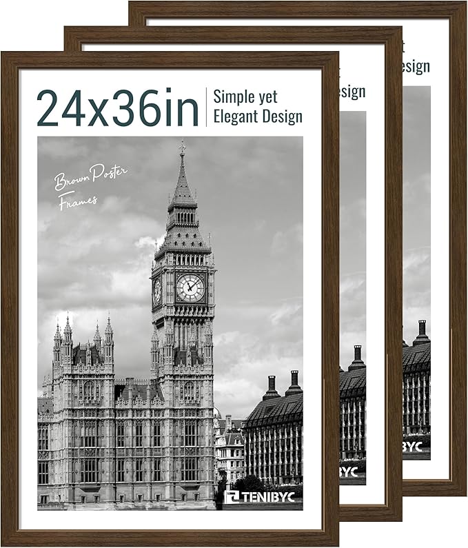 24x36 Poster Frame 3 Pack - Brown Woodgrain, Wood Picture Frame, Wall Gallery Frame - Wall Hanging-Ruum Studio Home