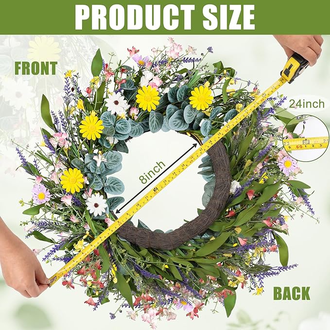 Artgar Spring Wreaths for Front Door, 24 Inch Daisy Wreath, Artificial Spring Summer Wreath with Eucalyptus Leaves Paper Flowers for Indoor Outdoor Home Door Window Wall Wedding Decor-Ruum Studio Home