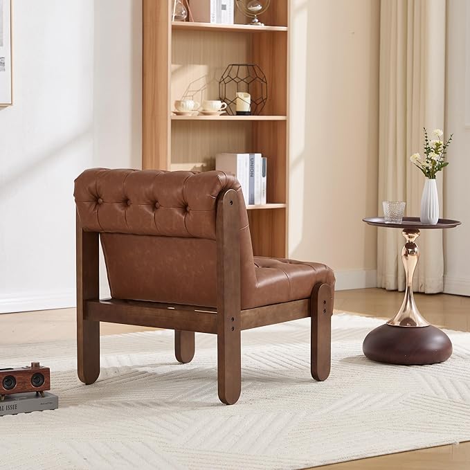Modern Armless Accent Chair for Living Room, Brown PU Leather Button Tufted Upholstered Lounge Reading Chair with Walnut Wood Frame-Ruum Studio Home