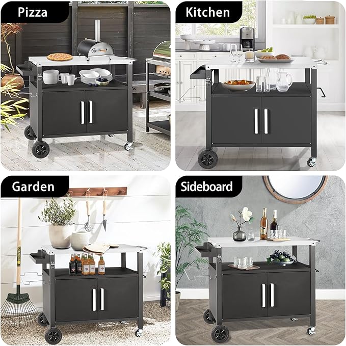 Grill Cart Table with Big Storage Cabinet, Movable Outdoor Dining Cart Pizza Oven Stand, Kitchen Cart Island Multifunction Food Prep Table Stainless Steel Surface-Ruum Studio Home