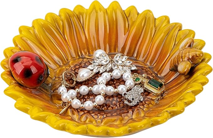 Sunflower Jewelry Dish Trinket Tray Ceramic Key Tray Bowl for Entryway Table, Sunflower Candy Dish Soap Holder Gift Decorative Bowl for Home Decor Kitchen Bathroom Sink (Bee, Ladybug)-Ruum Studio Home