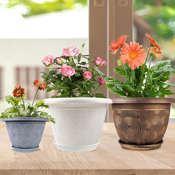 12 Inch Large Planter Pot for Plants Indoor Outdoor, 4 Pack Plastic Flower Pots with Drainage Hole & Tray, Modern Decorative Garden Pot with Saucer, Plant Container for House-Ruum Studio Home