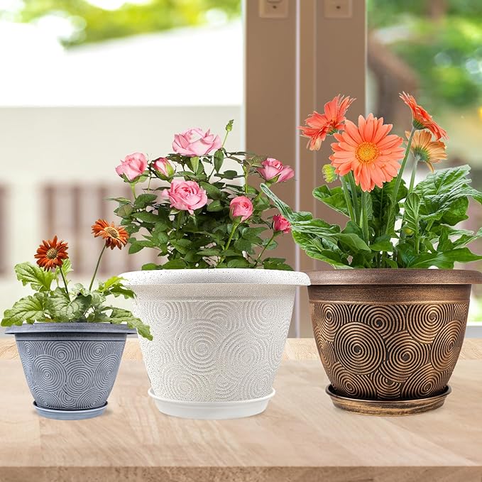 10 Inch Flower Pots Planters for Indoor Outdoor Plants, 3 Pack Plastic Large Plant Pots with Drainage Hole & Tray, Modern Decorative Garden Pot with Saucer, Plant Container for House-Ruum Studio Home
