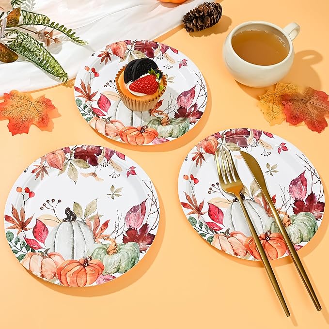AllReal Fall Pumpkins Paper Plates Rustic Pumpkin Leaves Disposable Party Plate 7" Thanksgiving Autumn Dessert Plate for Birthday Baby Shower Party Supplies Table Decor (24)-Ruum Studio Home
