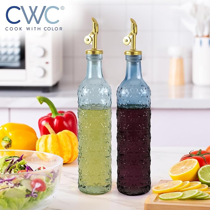 COOK WITH COLOR Glass Olive Oil Bottle Dispenser - 2 Pack- 17oz Oil and Vinegar Cruet - Olive Oil Carafe Decanter for Kitchen-Ruum Studio Home
