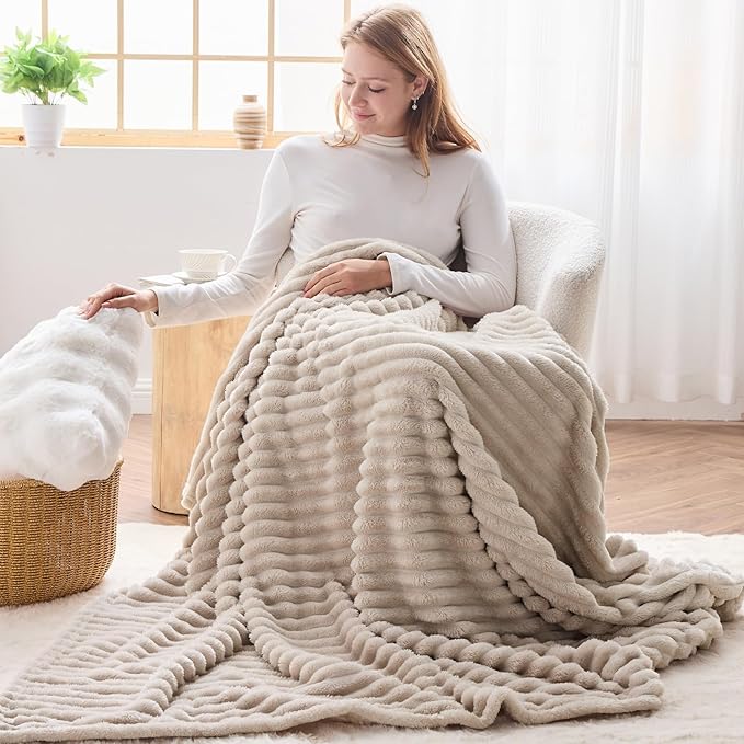 NEWCOSPLAY Super Soft Throw Blanket Linen Premium Silky Flannel Fleece 3D Ribbed Jacquard Lightweight Bed Blanket All Season Use (Linen Ribbed, Throw(50"x60"))-Ruum Studio Home