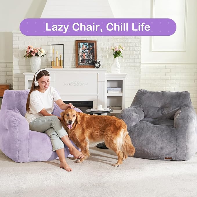 Hobestluk Bean Bag Chair for Adult Small Bean Bag Chairs with Arms Furry Beanbag Chair with Foam Filler Stuffed Bean Bag Sofa for Reading in Bedroom Living Room and Dorms (Purple)-Ruum Studio Home