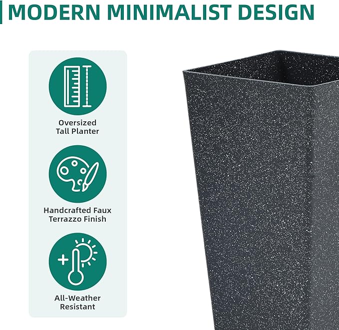 28" Large Tall Square Planters for Outdoor Plants, Set of 2 V-Shaped Planter Box with Black Terrazzo Look, Durable and Weather Resistant, Ideal or Garden, Patio, Porch or Home use.-Ruum Studio Home