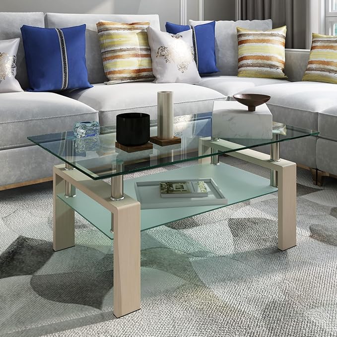 Glass Coffee Table Rectangle Living Room Center Table, 39inch Transparent Tempered Glass Tabletop and Beige Wood Grain Metal Legs, Beige + Clear Glass-Ruum Studio Home