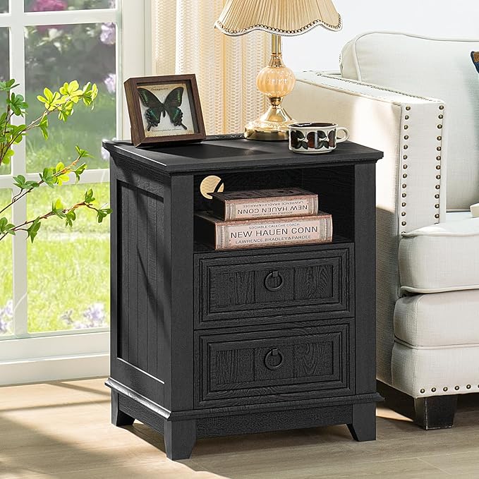 18" Night Stands Set of 2 with Charging Station, Farmhouse 2 Drawers End Table Dresser for Bedroom, Black Wooden Nightstand, Bed Side Table with Open Shelf, Bedside Cabinet for Living Room-Ruum Studio Home