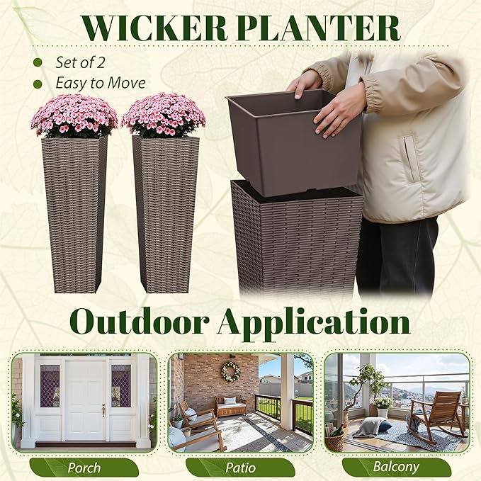 JUMMICO Set of 2 Resin Rattan Tall Planters for Outdoor Plants, Large Tapered Planters with Drainage Holes&Inner Trays, Flower Pots for Garden, Patio, Porch, Backyard (Brown, 32'')-Ruum Studio Home
