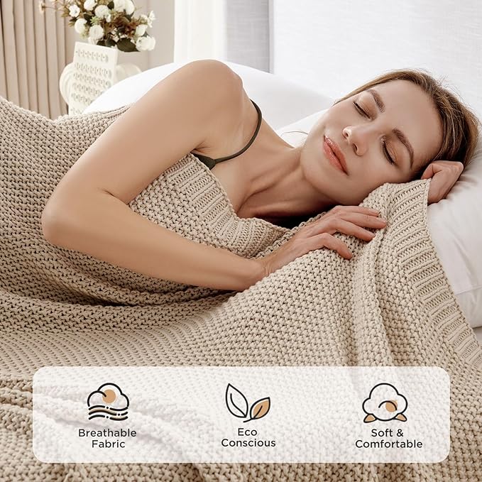 Joydeco Chunky Cable Knit Throw Blanket, Lightweight 100% Organic Cotton Soft Cozy Throw Twin Blanket for Couch Bed and Sofa, Rustic Breathable Farmhouse Blanket Gift for Women Men(Beige, 51"x63")-Ruum Studio Home