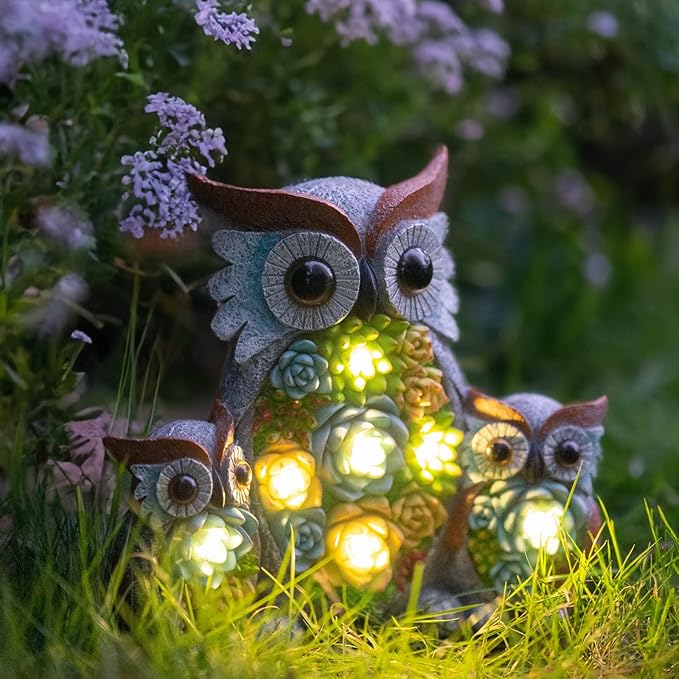 Solar Garden Statue Lights Owl Figurine with LED Lights, Outdoor Garden Succulent Ornaments, Mothers Day Mom Gifts for Outside Patio Yard Lawn Decor-Ruum Studio Home