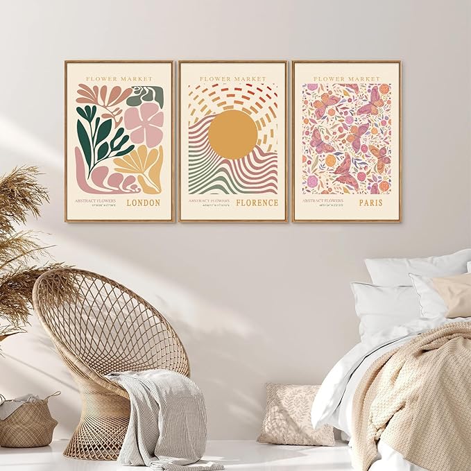 Tinonedraw Boho Flower Market Framed Canvas Wall Art Set, Pink Beige Cute Butterfly Wall Decor, Colorful Abstract Floral Wall Painting, Modern Matisse Art Print for Girls Room Bedroom Office Nursery 16"x24"x3-Ruum Studio Home