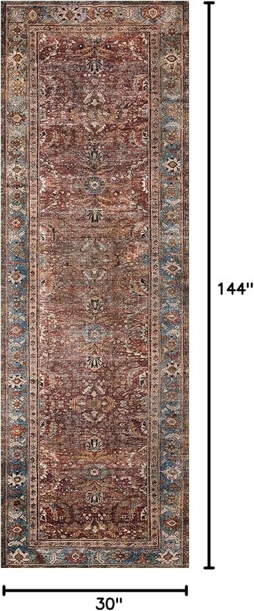Loloi Layla Collection LAY-01 Brick/Blue 2'-6" x 12'-0" .13" Thick Runner Rug, Soft, Durable, Vintage Inspired, Distressed, Low Pile, Non-Shedding, Easy Clean, Printed, Living Room Rug-Ruum Studio Home