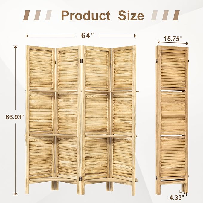 Osparple Room Divider with Shelves 4 Panel Wooden Folding Room Dividers Privacy Screen Wall Divider for Room Separation for Office and Apartment, Natural-Ruum Studio Home
